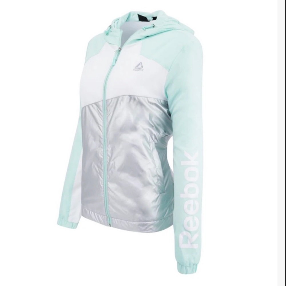 Reebok windbreaker fleece lined jacket mint green & silver zip up hooded jacket